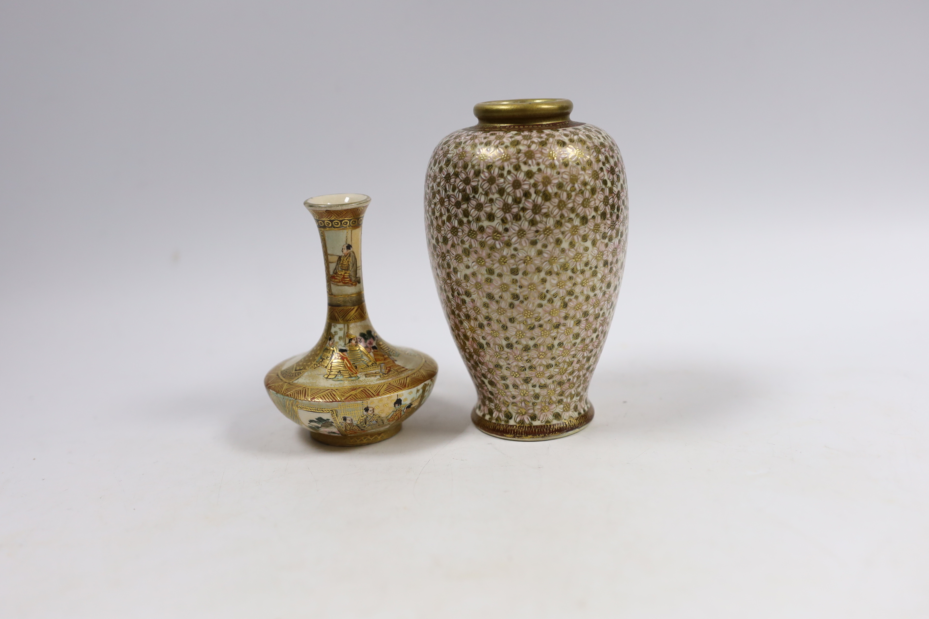 Two Japanese Satsuma pottery vases, early 20th century, one decorated with flowers, largest 12cm high